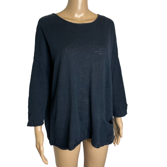 Women's XL J.Jill Linen Blend Navy Blue Pocket Long Sleeve Knit Shirt - Picture 2 of 5